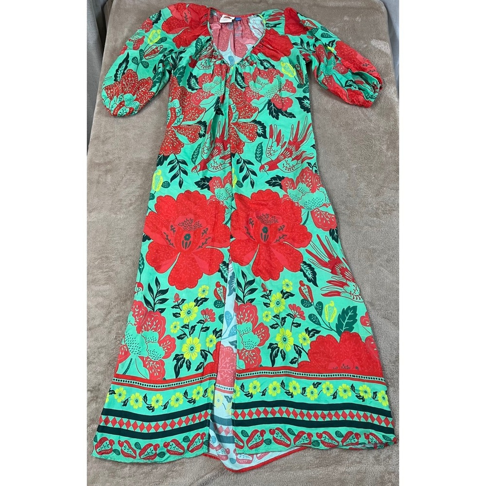 Farm Rio Poppy Maxi Dress Women's XS Green Parrot Red Tropical Viscose EUC